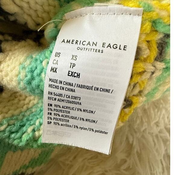 American Eagle Fair Isle Turtleneck Sweater Oversized XS Green / Beige Y2K Boho - Picture 6 of 6